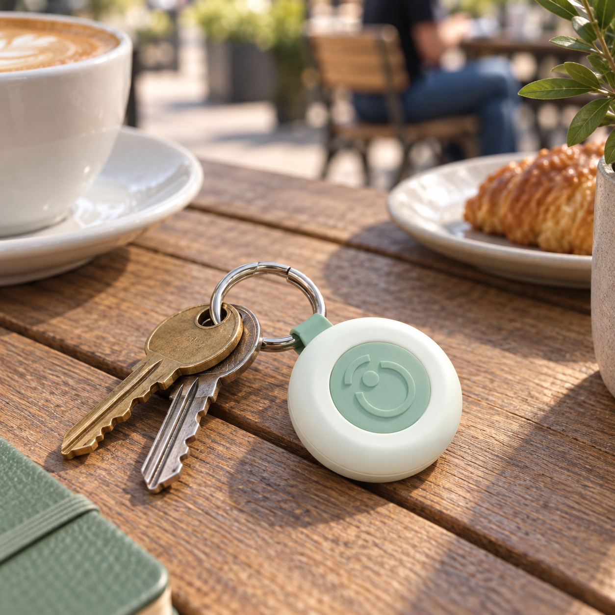ChewDrop attached to keys on an outdoor café table
